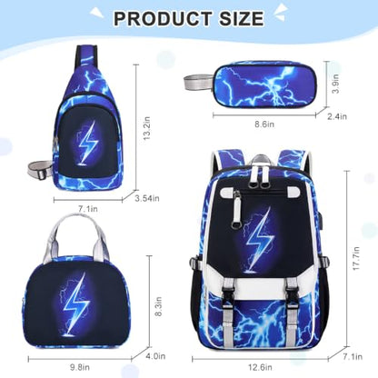 Bevalsa Backpack for Boys, Cool Luminous Boys Backpack with Sling Bag, Lunch Box & Pen Case, School Bags for Kids Children Teens Elementary Middle Schools, Bookbag Glow In The Dark (Lightning) - color: Blue Lightning