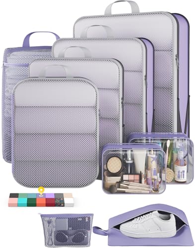 Veken 9/11 Set Compression Packing Cubes for Travel Essentials,Compressible Expandable Large Luggage Suitcase Organizer Bags for Clothing,Space Saver Bags with Over 1000 pcs of Mesh Holes(Purple Gray) - color: Purple Gray, size: 9 set
