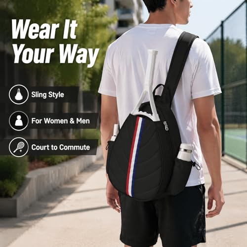 Tennis Bag, Water Resistant Tennis Backpack for Women Men, Quilted Crossbody Sling Design for Tennis, Pickleball, Badminton Rackets - color: Black