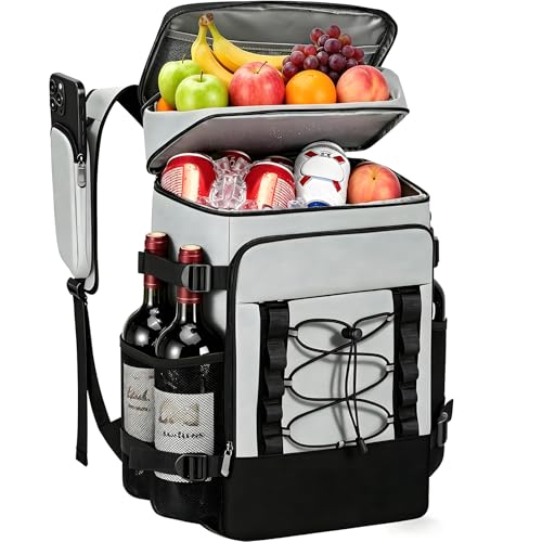 Backpack Cooler Insulated, Leak Proof, 33 Can Capacity, 2 Compartments, Portable Lightweight Thermal Bag for Camping, Beach, Travel, Lunch - color: Grey