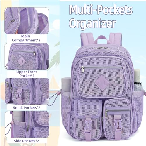 Purple Mesh Backpack for Girls Boys, Mesh Bookbags Heavy Duty Semi-Transparent School Bag for College, Travel, Beach, Swimming, Sports - color: Purple