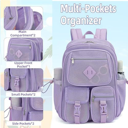 Purple Mesh Backpack for Girls Boys, Mesh Bookbags Heavy Duty Semi-Transparent School Bag for College, Travel, Beach, Swimming, Sports - color: Purple