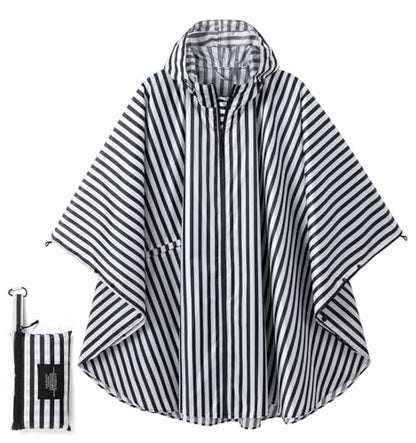 Fashion Hooded Rain Poncho Waterproof Raincoat Jacket with pocket for Women/Men/Adult - color: Black/White Strips