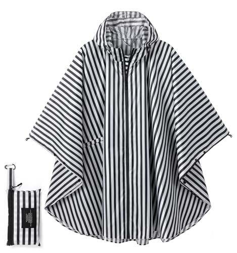 Fashion Hooded Rain Poncho Waterproof Raincoat Jacket with pocket for Women/Men/Adult - color: Black/White Strips