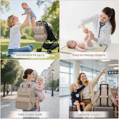 Diaper Bag Backpack, Waterproof Large Baby Bag with Changing Pad, Khaki | Baby Diaper Bag, Stylish, Large Capacity, with Changing Pad, with USB Port, Stroller Strap, Pacifier Case, Travel Essentials - color: Khaki