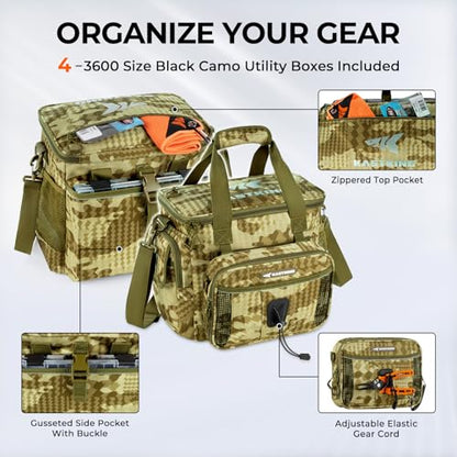 KastKing BaitSpace Fishing Tackle Bag With 4 Tackle Boxes & Removable Bait Binder, Water-Resistant Tackle Storage, Durable Fishing Gear, Adjustable Shoulder Strap - color: B: Khaki Camo, size: Medium - 4*3600 Trays