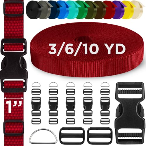 TECEUM Buckles & Strap Kit – 1" Red Nylon Webbing 6 (yd) – 6 Heavy Duty Adjustable Plastic Buckles – 12 Tri-Glide Slide Clips – 6 Metal D-Ring – Ideal Straps for Arts Crafts Outdoors Indoors DIY - color: Red, size: 1" - 6 yards, style: 6 Buckle - 12 Slide