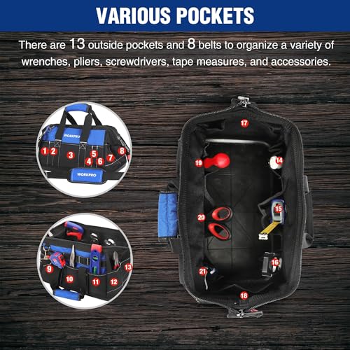WORKPRO 16-inch Wide Mouth Tool Bag with Water Proof Molded Base | Heavy Duty Cloth Tool Storage Bag, Adjustable Shoulder Strap - color: Black&Blue