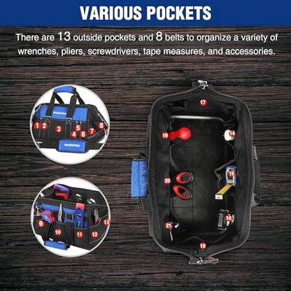 WORKPRO 16-inch Wide Mouth Tool Bag with Water Proof Molded Base | Heavy Duty Cloth Tool Storage Bag, Adjustable Shoulder Strap - color: Black&Blue