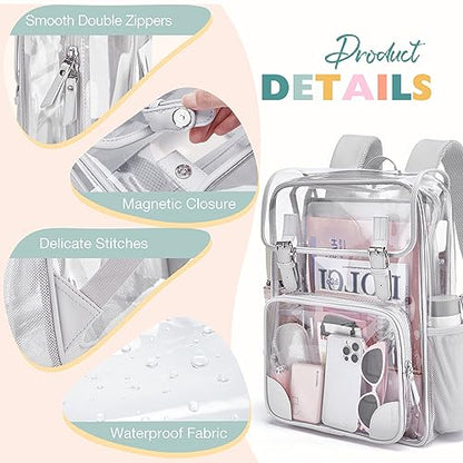 mommore Clear Backpack for School Heavy Duty Large Clear Bookbag PVC See Through Transparent Bag - color: Grey, style: Clear Backpack