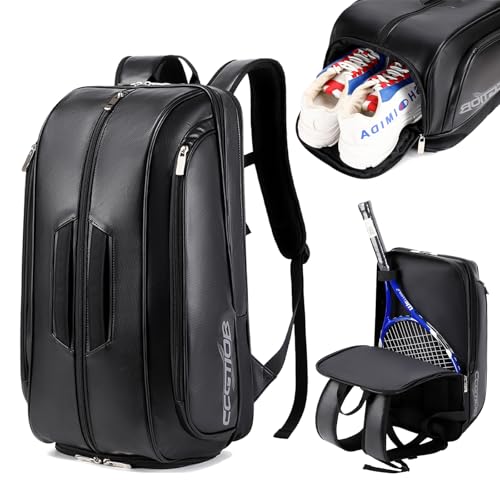 Tennis Racket Bag Pickleball Padel Backpack With Shoe Compartment, Laptop Sleeve,Fence Hook,Ball Sleeve - color: Black