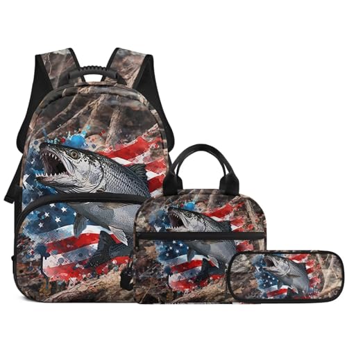 3PCS Kids School Backpack for Boys Girls, Branches American Flag Fish 3 in 1 Schoolbag Set Student Teens School Bag 17 Inch Bookbag with Lunch Bag Pencil Case - color: Branches American Flag Fish