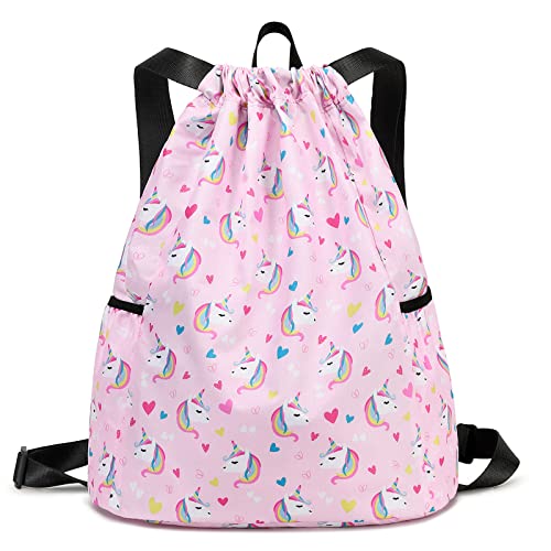 Unicorn Gym Drawstring Backpack, Sports Gym Bag for Girls Kids Waterproof Swimming Beach Sackpack Birthday Christmas Gift with Water Bottle Pocket Pink - color: Unicorn Pink
