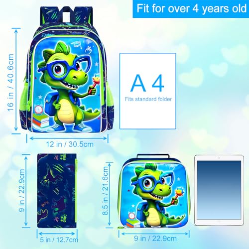 16" Dinosaur Backpack for Boys, 3Pcs Bookbag with Lunch Box, Kids School Backpacks Set for Elementary Preschool Kindergarten (Green) - color: Dinosaur Blue