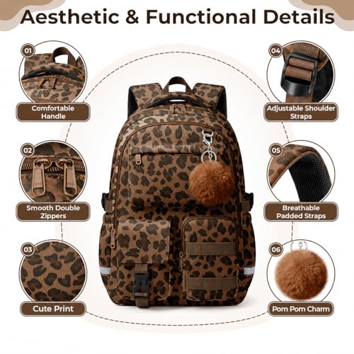 WOBAGMEN Cute Leopard Backpack for Teen Girls, Large Capacity Multi-Pocket School Bag Fits 15.6" Laptop, Lightweight Durable Daypack for School and Travel (Brown Leopard, M) - color: Brown Leopard