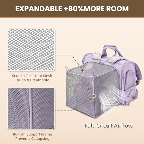 Lollimeow Expandable Large Cat Carrier Backpack, Supports up to 22 lbs - color: Lavender, size: 16.5"L x 10.2"W x 15.8"H