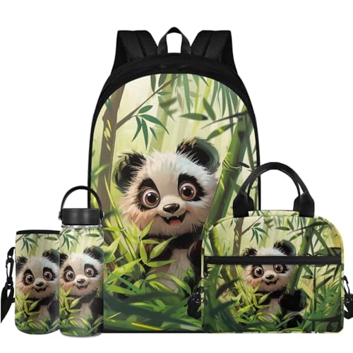 Flashideas Cute Panda Backpack for Boys Girls Backpack with Lunch Box Water Bottle 32 oz and Water Bottle Holder 4Pcs Set 17" Bookbag with Compartments for School Sturdy School Bag for Kids Elementary - color: Bamboo Panda