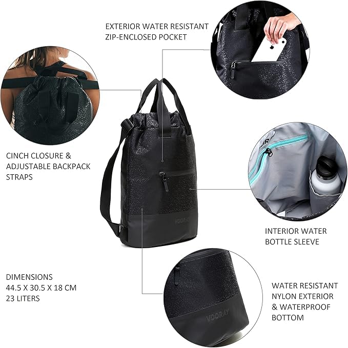 VOORAY 23L Flex Cinch Drawstring Backpack – Lightweight Travel Bag, Weekender & Sports Gym Bag for Women and Men - color: Black Foil