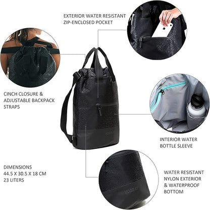 VOORAY 23L Flex Cinch Drawstring Backpack – Lightweight Travel Bag, Weekender & Sports Gym Bag for Women and Men - color: Black Foil