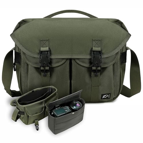 Padwa Lifestyle Green Camera Bag - Nylon Flap Camera Photography Bag with Removable Lining for Single Shoulder & Crossbody and Hand Carry,Weather Resistant Casual Camera Bag for Cameras & Drone - color: Green Ballistic Nylon, style: Modern Understated