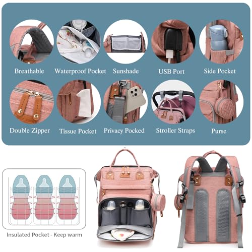 Jeryswet Baby Diaper Bags with Changing Station, Waterproof Large Capacity Diaper Bag Backpack for Moms Dads with USB Charging Port and Stroller Straps, Baby Shower Gifts, Pink - color: Pinks