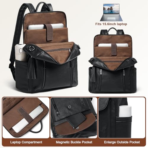 Shrrie Laptop Backpack for Women 15.6 inch,Travel Leather Backpack Purse Nurse Teacher Carry on Backpack Computer Bag,Professional Water-Resistant College Business Work Casual Daypack,Two-tone Black - color: Two-tone Black