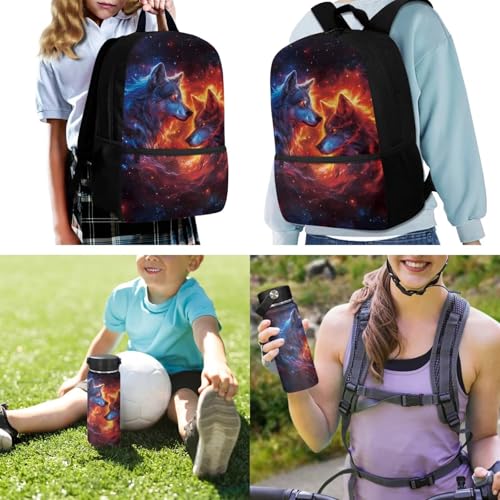 ZOUTAIRONG Boys Backpack and Cute Mini Thermos, Flaming Wolf Design Fashion Casual Backpack with Side Pockets 2 Piece School Bag Set for School Travel - color: Flaming Wolf
