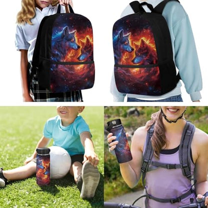 ZOUTAIRONG Boys Backpack and Cute Mini Thermos, Flaming Wolf Design Fashion Casual Backpack with Side Pockets 2 Piece School Bag Set for School Travel - color: Flaming Wolf