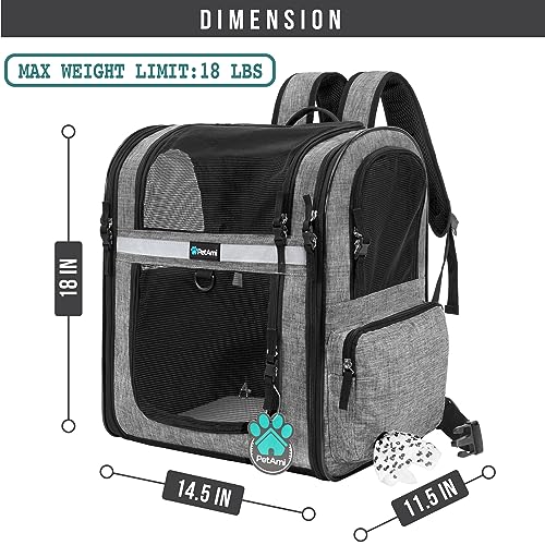 PetAmi Dog Backpack Carrier for Cats and Small Dogs, 4-Way Entry Ventilated Pet Carrier for Hiking Travel, Foldable Top with Sherpa Bed, Reflective and Poop Bag Dispenser, Up to 18 lbs, Heather Grey - color: Heather Grey