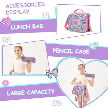 Meetbelify Backpacks for Girls Cute School Backpacks for Elementary Students Ages 8-10 Kids Aesthetic Travel Backpack Large Capacity Laptop Bookbag with Lunch Box 3 in 1 Backpack Set for Girls - color: 01 Girl