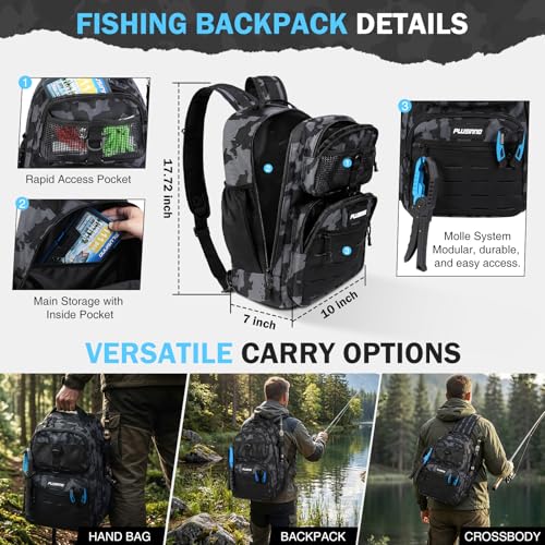 PLUSINNO Fishing Backpack with Fishing Gear Fishing Net, Waterproof Tackle Backpack with Rod Holders, Tackle Box, Lures, Tools, Pliers & Accessories, Fish Gifts for Men - color: Fishing Backpack with Fishing Net