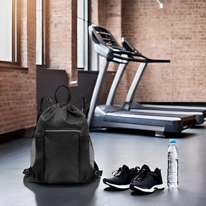 HOLYLUCK Drawstring Backpack Gym Bag For Men Women, String Beach Swim Sports Backpack - color: Black-2 Mesh Pockets, style: Standard Drawstring
