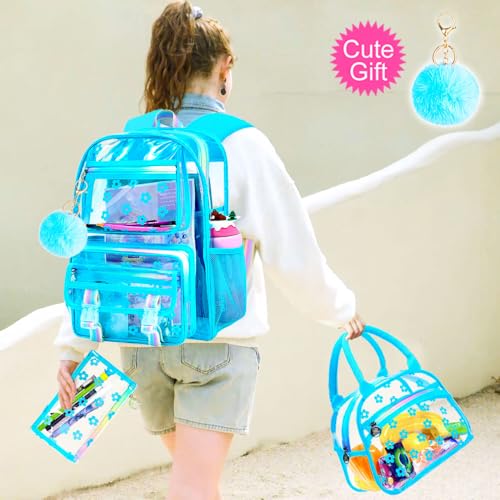 KLFVB Girls Clear Backpack Heavy Duty, 3PCS See Through School Bag Set, Cute Transparent Bookbag for Women - Plum Blossom Sky Blue - color: Plum Blossom Sky Blue Clear Backpack