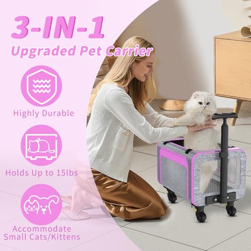 Rolling Pet Carrier with Detachable Wheels - 18x11x11 TSA Airline Approved for Southwest Delta United American, Soft Sided Expandable Travel Bag for Small Dogs & Cats up to 15Lbs, Fits Under Seat - color: Pink