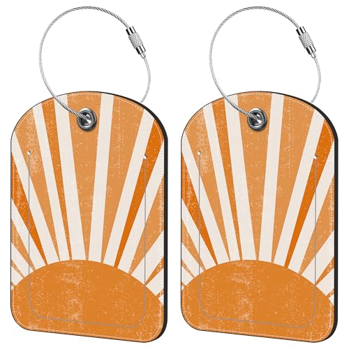 2 Pack Cute Luggage Tag for Suitcases Orange Sun Print Boho Leather Luggage Tags with Stainless Steel Loop Privacy Flap Name Tags,Men and Women Travel Bag Suitcase Tags - color: Orange Sun Print Boho