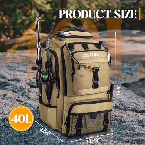 Goture 40L Fishing Tackle Backpack with Cooler Compartment Khaki, Water-Resistant Fishing Gear Bag & Rain Cover & 3600 Trays - color: Khaki, size: C - Includes 2 3600 trays with handles