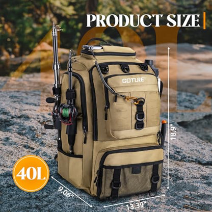 Goture 40L Fishing Tackle Backpack Khaki, Water-Resistant Fishing Bag with Cooler Compartment & Rain Cover for Saltwater - color: Khaki, size: A - Trays not included