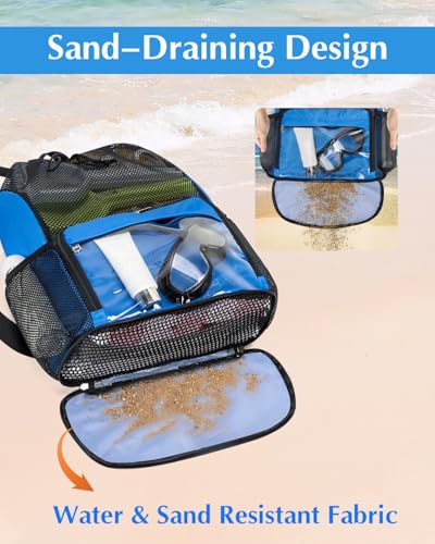 Drawstring Backpack Sandproof Beach Backpack with Shoe Compartment & Wet Pocket Waterproof Mesh Swim Bag Pool Bag for Gym, Travel and Workout Gear (Blue) - color: Blue
