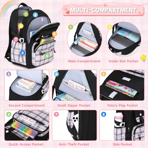 MUSEVOS Girls Backpack with Lunch Bag, Elementary Middle School Backpack, Large Capacity Kids Bookbag 3 Pcs Set - color: Blackpink-3pcs-set