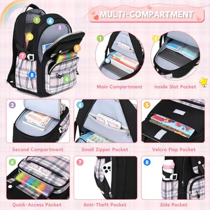 MUSEVOS Girls Backpack with Lunch Bag, Elementary Middle School Backpack, Large Capacity Kids Bookbag 3 Pcs Set - color: Blackpink-3pcs-set