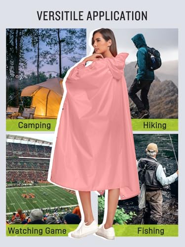 SaphiRose Extra Thick Hooded Rain Poncho Double Layer Waterproof Raincoat Jacket for Men Women Adults - color: Pink (Pause)