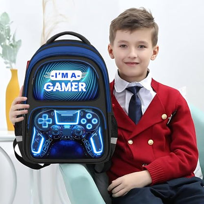 School Backpack for Boys - Gamer Boys Backpack for Kids Children Teens Elementary Middle School - 17″ Video Game Bookbag Travel Back Pack for Age 6-18 - color: Gamer Blue-backpack Only