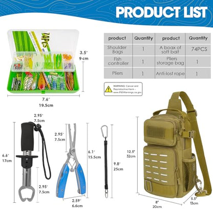 THKFISH 79 Pcs Fishing Tool Kit, Fishing Backpack with Tackle Boxes Fishing Pliers Kit Fishing Bait Lure Gear Kit Include Fish Hook Remover, Fishing Lures, Lip Gripper