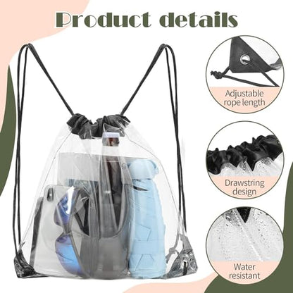 Shappy 30 Pcs Clear Drawstring Backpack, Plastic Waterproof Transparent Stadium Bags String Bag for Gym Travel (Black) - color: Black