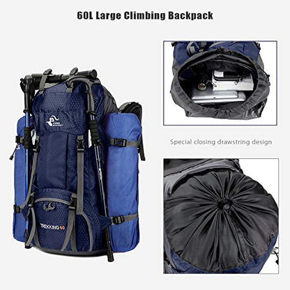 Bseash 60L Waterproof Hiking Camping Backpack with Rain Cover, Large Outdoor Sport Travel Daypack Rucksack for Climbing - color: Navy Blue