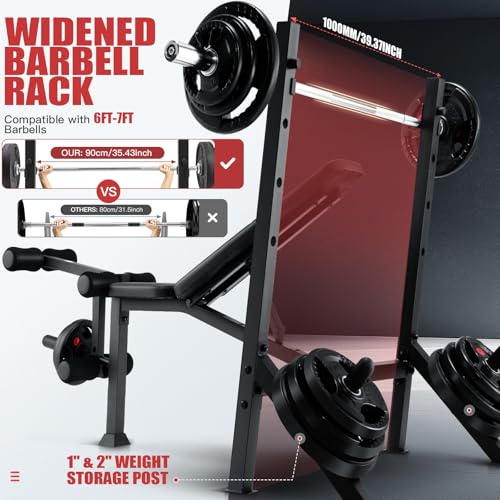 ANCHEER 900LBS Weight Bench Set with Squat Rack, Adjustable Bench Press Set with Leg Extension and Leg Curl, Flat Incline Decline Workout Bench for Home Gym Full Body Strength Training - color: White