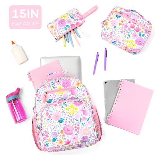 mibasies Girls Backpack with Lunch Box: 3PCS Kids Backpack Set for Kindergarten Elementary - 15 IN Cute Bookbag - Flower Pink - color: Flower Pink