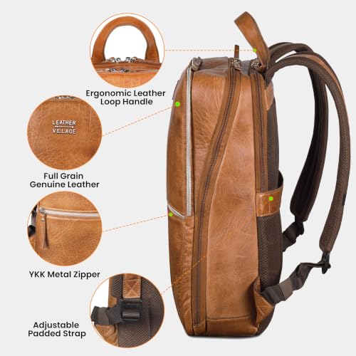 LEATHER VILLAGE Leather Laptop Backpack for Men with Trolley Strap 16L Slim - color: Sun Tan