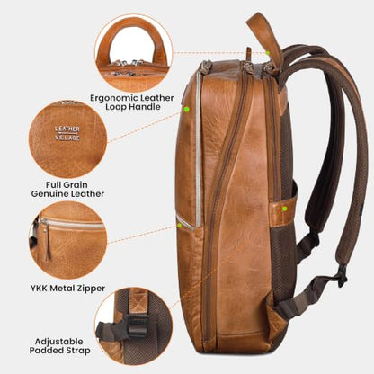 LEATHER VILLAGE Leather Laptop Backpack for Men with Trolley Strap 16L Slim - color: Sun Tan