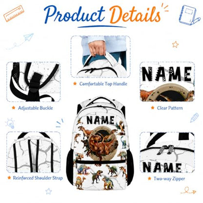 Boys Dinosaur Backpacks Custom Toddler Backpack with Lunch Box Set, 17 Inch Personalized Kids Bookbag for Preschool Kindergarten Elementary Dinosaur-Themed School Bag - color: White